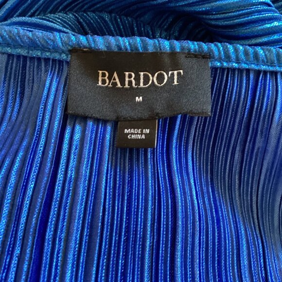 Bardot Belissa Pleat Dress Shine Blue Size Medium Wrap Balloon Sleeves - Picture 2 of 8